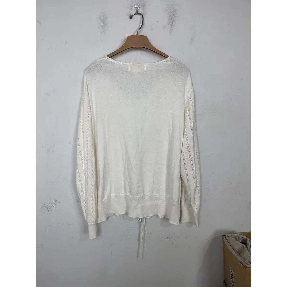 Maurada‎ Womens White V-Neck Pointelle Knit Drawstring Waist Sweater Size 3X